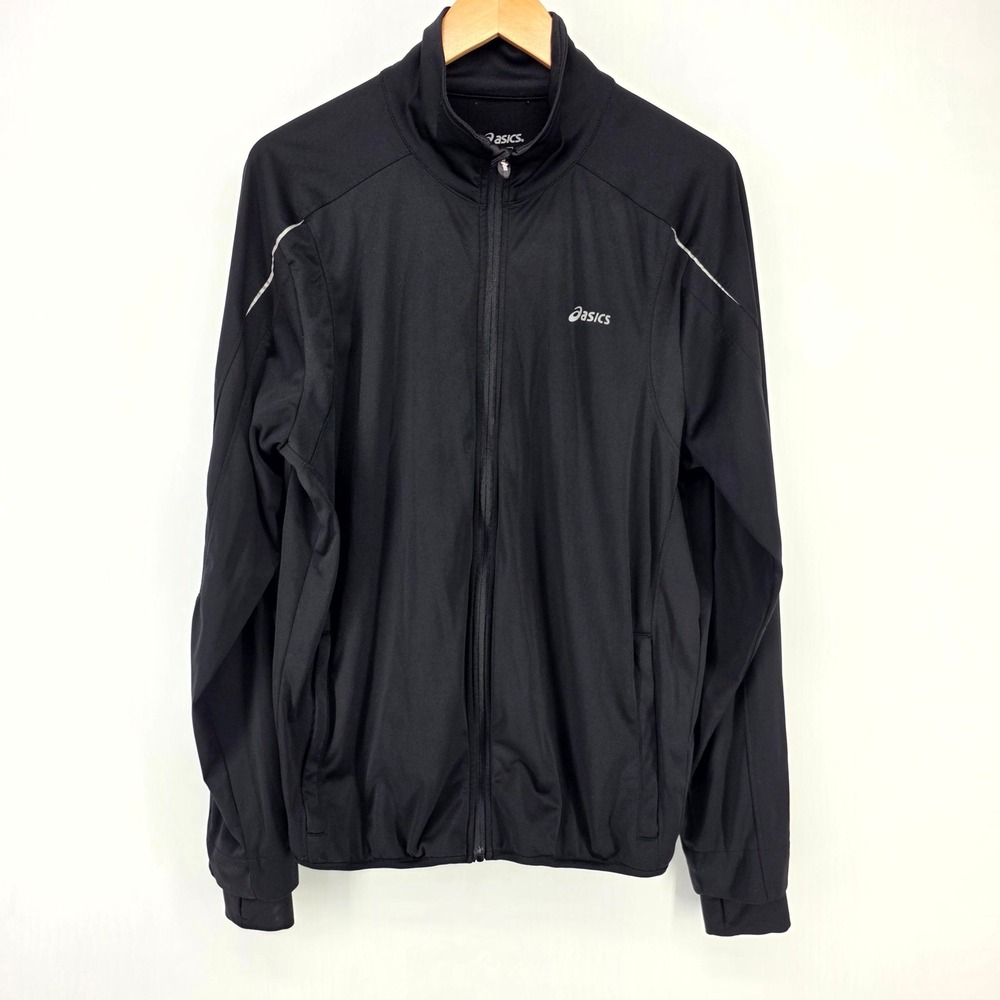 Asics Track Jacket Mens Large Black Full Zip Reflective Running Performance Coat